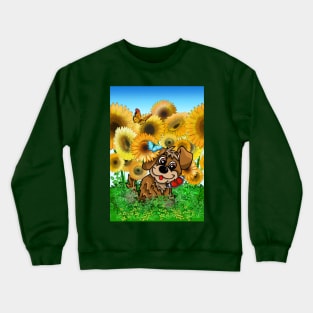 Cute puppy with butterflies in a sunflower field Crewneck Sweatshirt